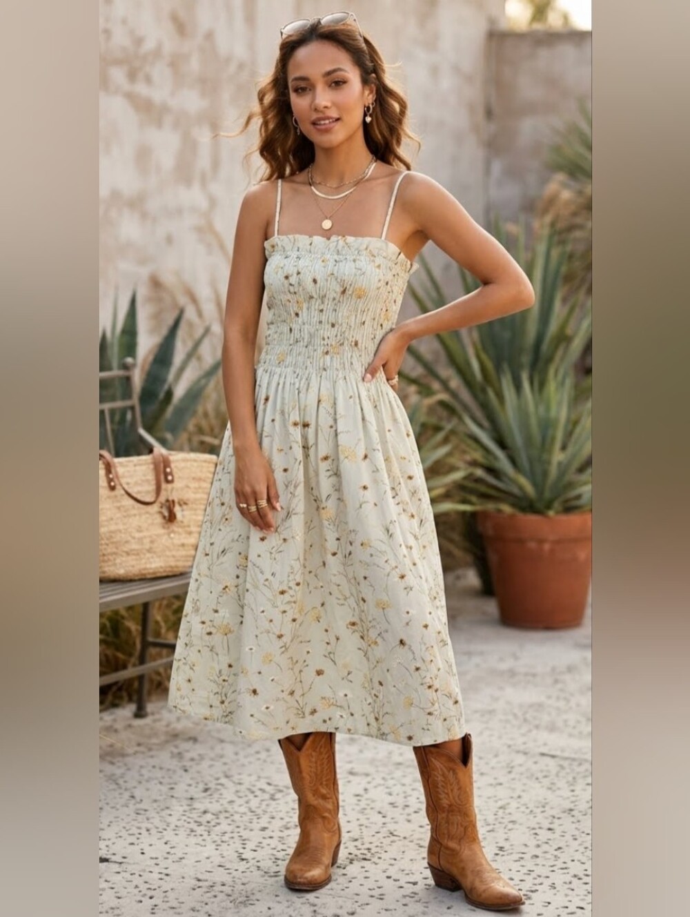 Smocked Floral Maxi Dress in Light Green